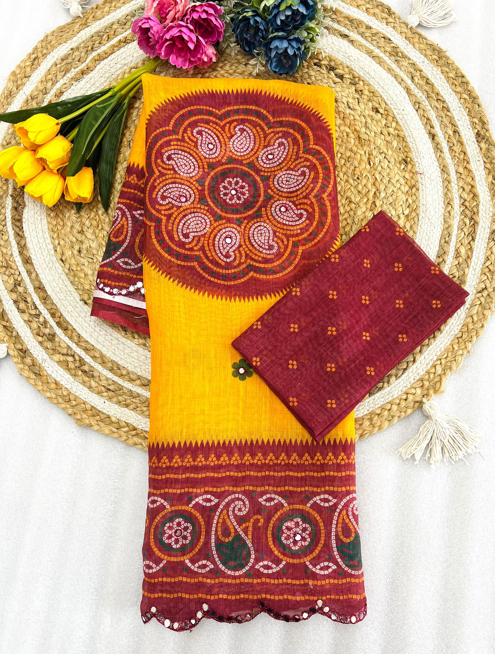 MG 407 Plain Linen Mirror Work With Digital Printed Sarees Wholesale Shop In Surat
